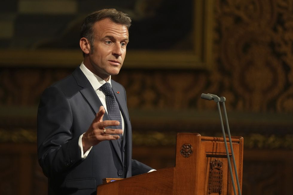 French President Emmanuel Macron speaking in the Palace of Westminster
