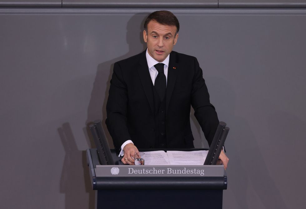  French President Emmanuel Macron speaks at a commemorative event at the Bundestag for the late German politician Wolfgang Schaeuble 