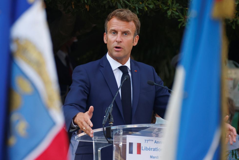 French President Emmanuel Macron speaks during a ceremony marking the 77th anniversary of the Allied landings in Provence in World War II which helped liberate southern France, in Bormes-les-Mimosas, France, August 17, 2021.