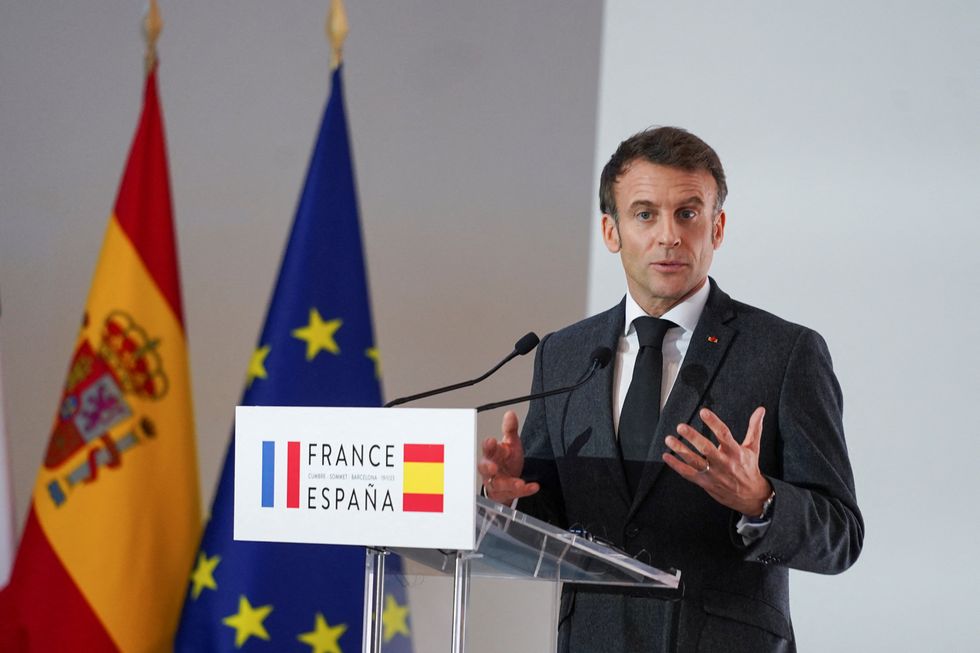 French President Emmanuel Macron speaks during a joint news conference with Spain's Prime Minister Pedro Sanchez (not seen) at Spain-France summit at Montjuic in Barcelona, Spain, January 19, 2023. REUTERS/Bruna Casas NO RESALES. NO ARCHIVES