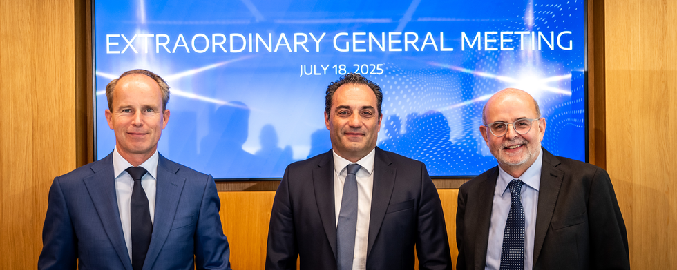 From Left: Dirk-Jan Smit, Notary, Freshfields Bruckhaus Deringer; Antonio Filosa, Stellantis CEO; Giorgio Fossati, Stellantis General Counsel