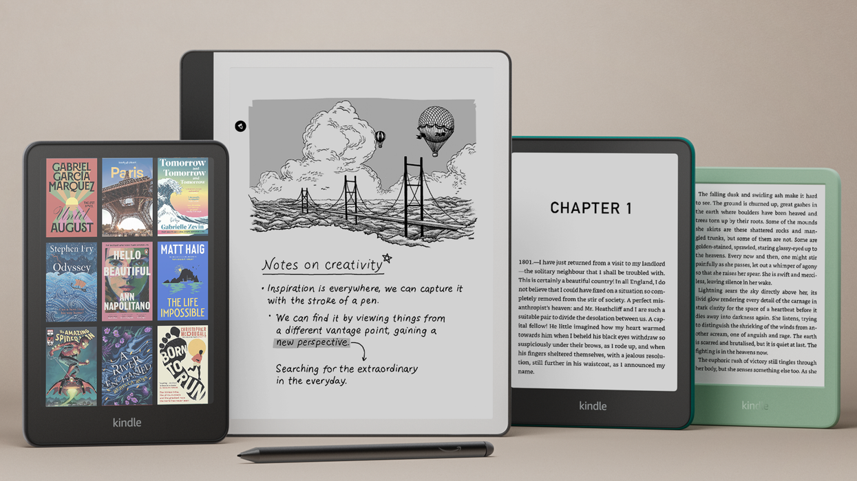 From left to right: the Amazon Kindle Colorsoft, Kindle Scribe, Kindle Paperwhite, and Kindle