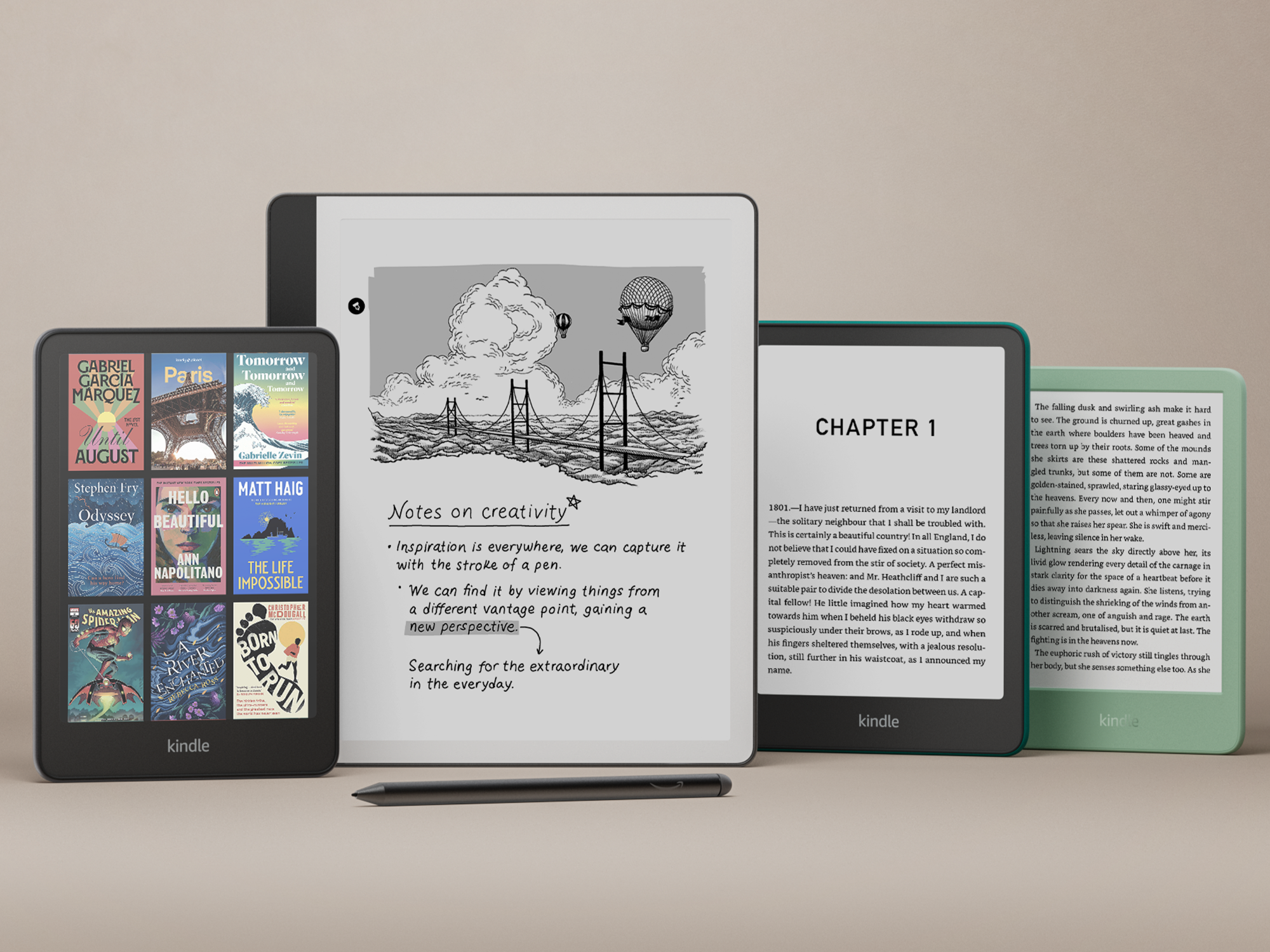 From left to right: the Amazon Kindle Colorsoft, Kindle Scribe, Kindle Paperwhite, and Kindle