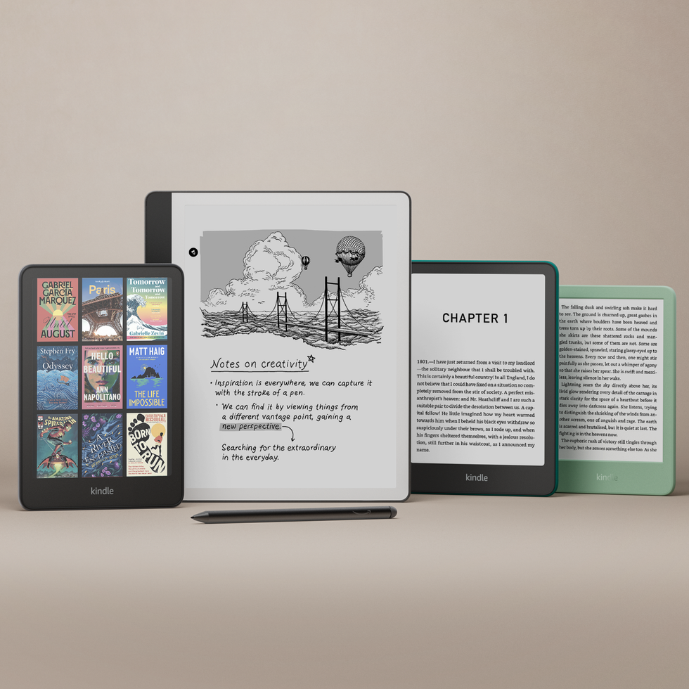 From left to right: the Amazon Kindle Colorsoft, Kindle Scribe, Kindle Paperwhite, and Kindle