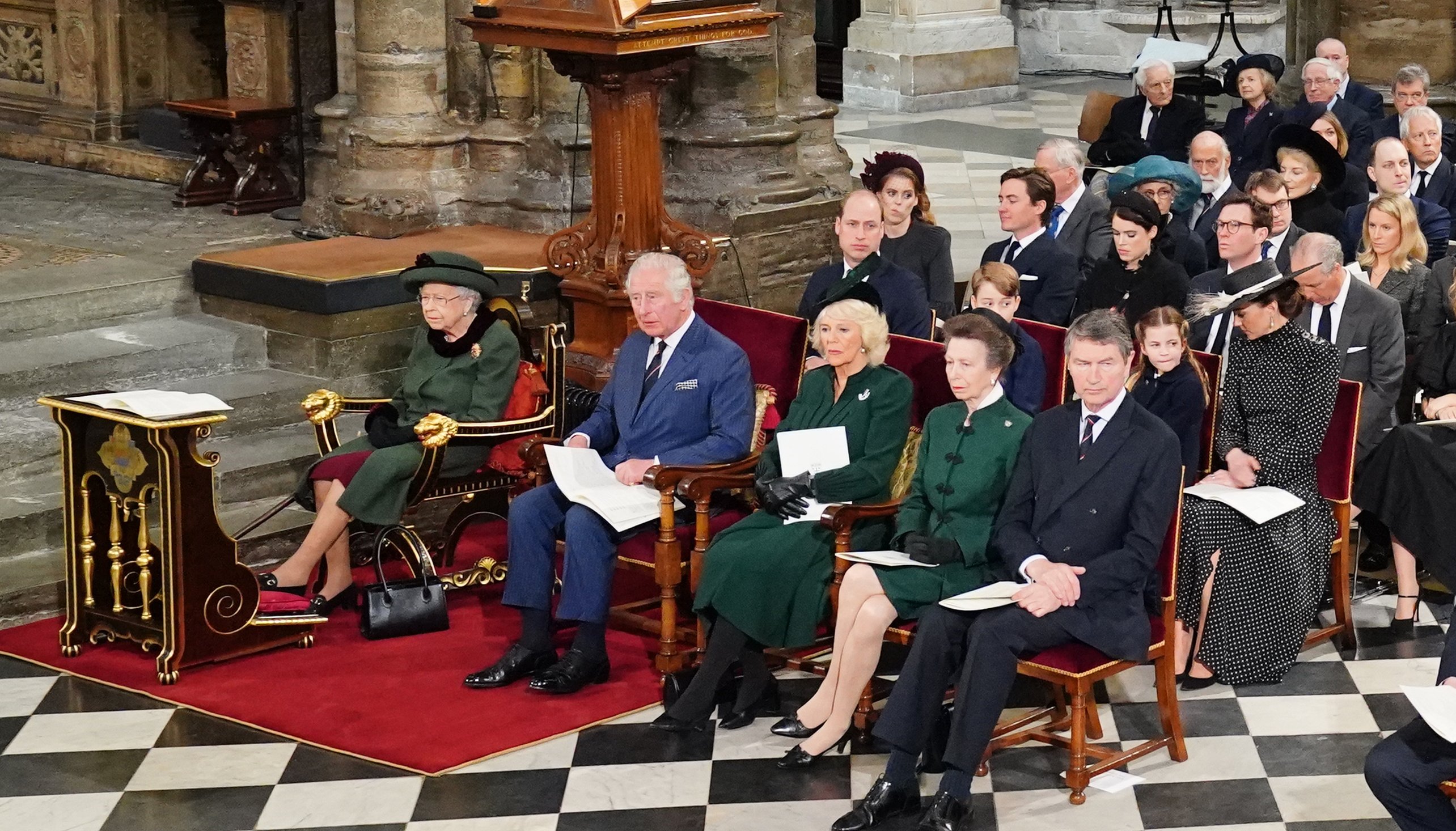 (Front row left to right) Queen Elizabeth II, the Prince of Wales and the Duchess of Cornwall, the Princess Royal, Vice Admiral Sir Tim Laurence. (second row left to right) The Duke of Cambridge, Prince George, Princess Charlotte, the Duchess of Cambridge during a Service of Thanksgiving for the life of the Duke of Edinburgh, at Westminster Abbey in London. Picture date: Tuesday March 29, 2022.