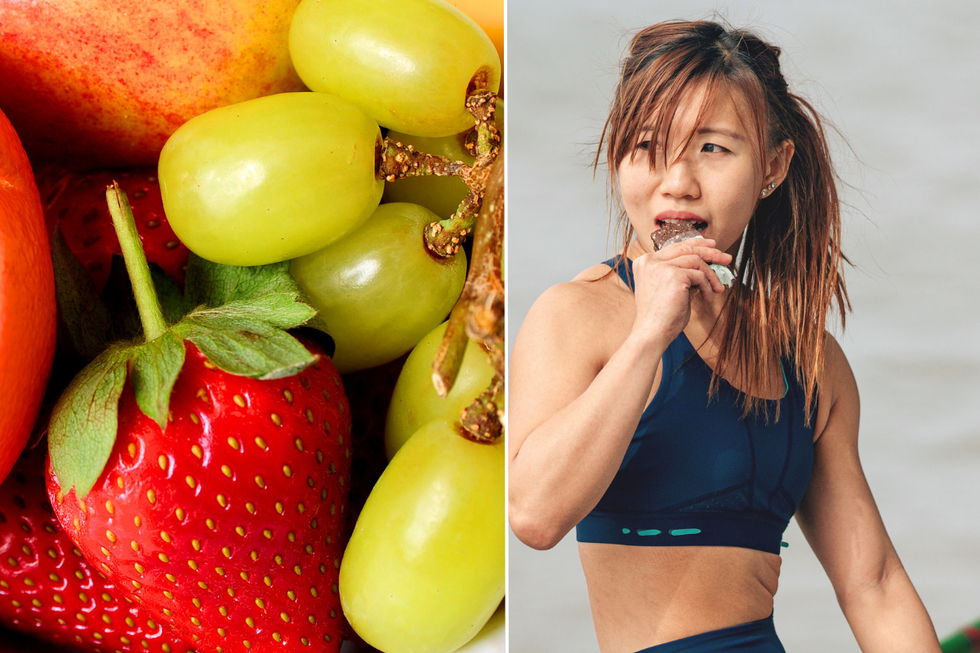 Fruit / woman eating cereal bar