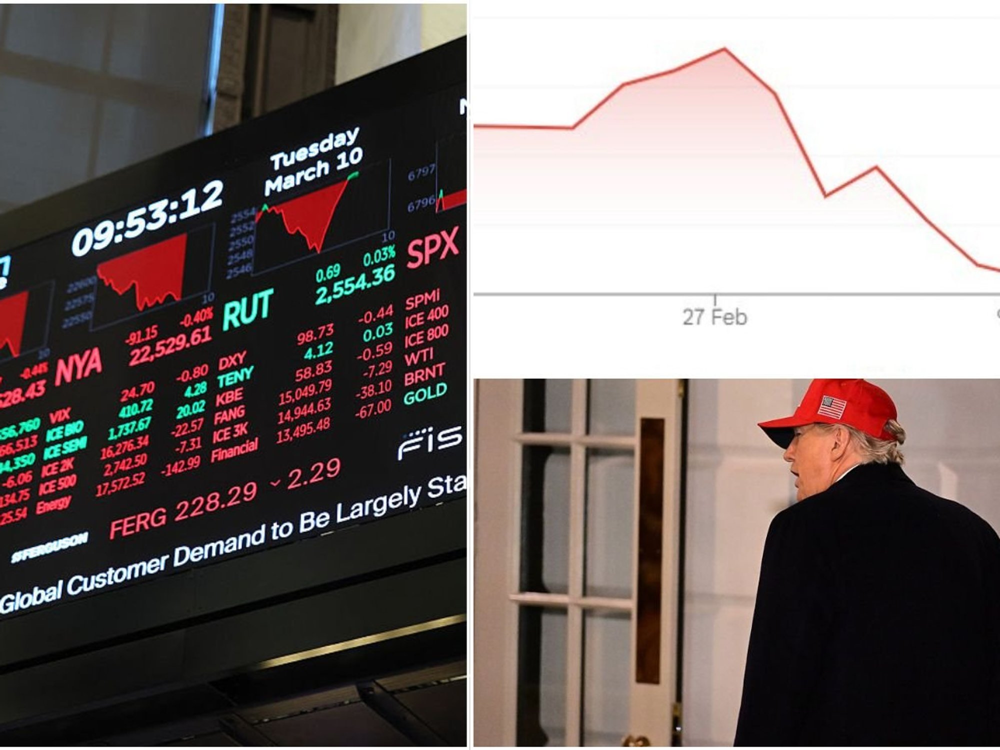 Ftse 100 graph, Wall Street terminal and Donald Trump