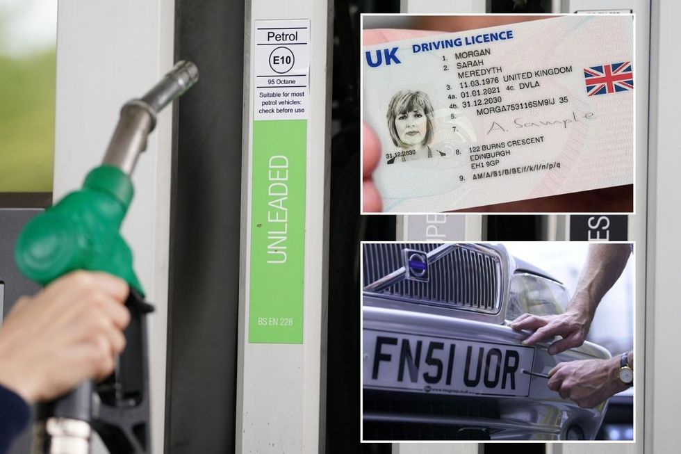 Fuel pump, a UK driving licence and a number plate