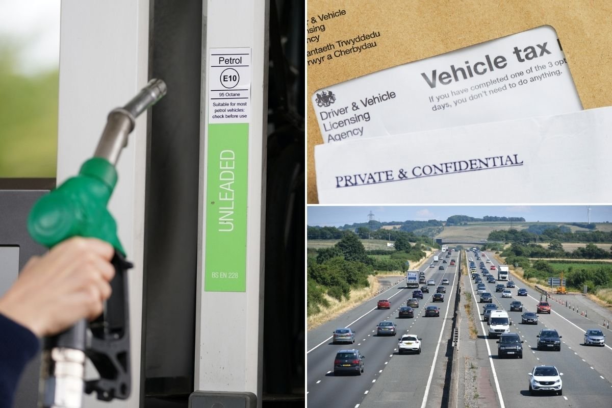 Fuel pump, vehicle tax reminder letter and a busy motorway
