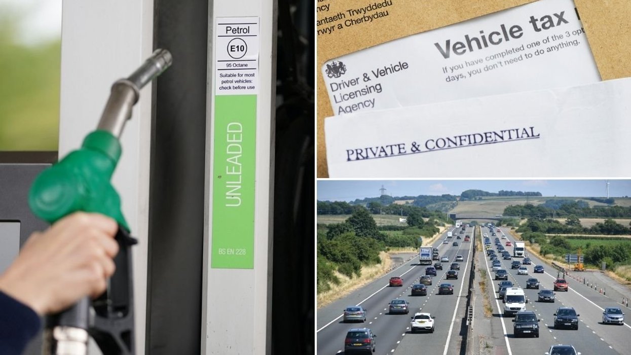 Fuel pump, vehicle tax reminder letter and a busy motorway