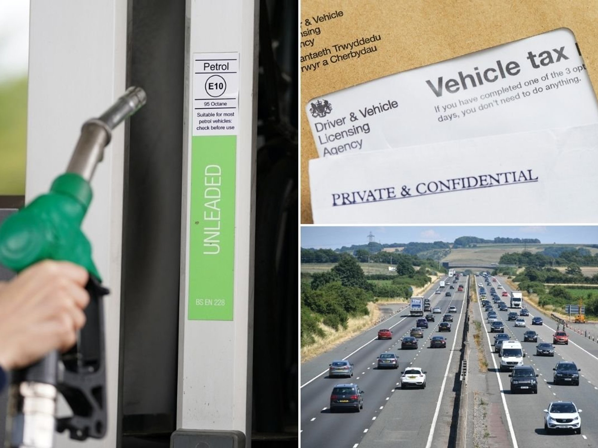 Fuel pump, vehicle tax reminder letter and a busy motorway