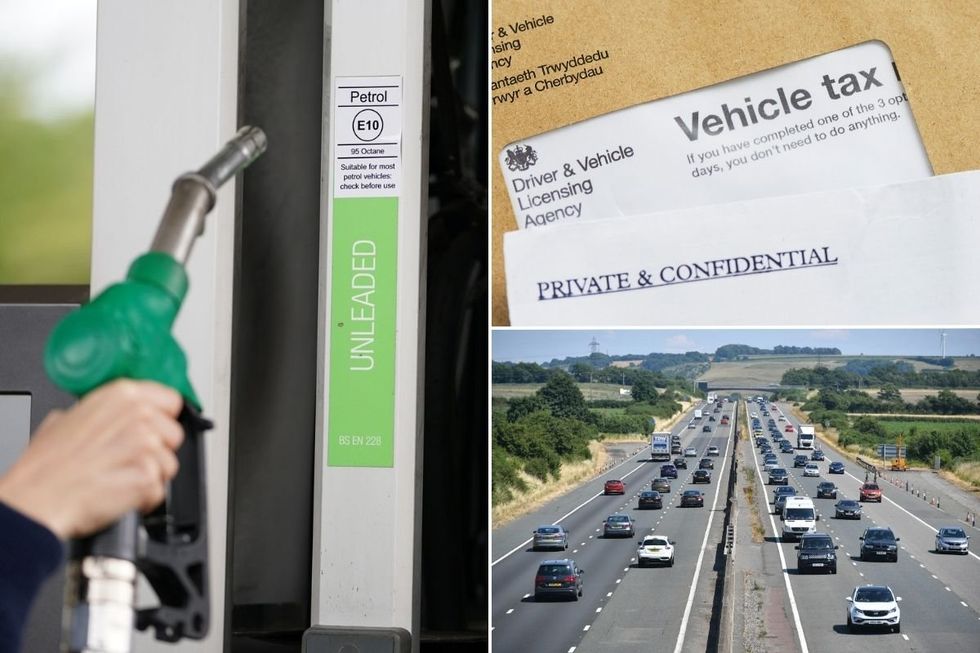 Fuel pump, vehicle tax reminder letter and a busy motorway