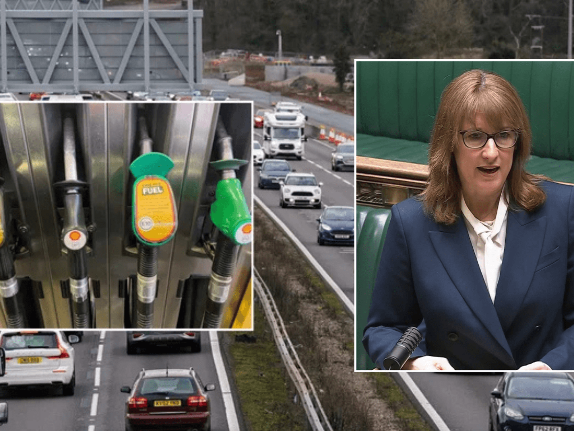 Fuel pumps and Raxhel Reeves on UK roads