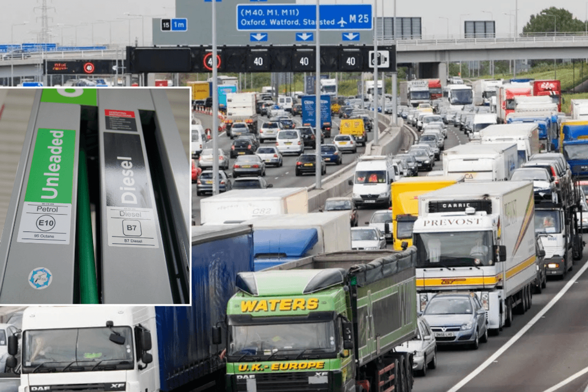 Fuel station and HGVs on road