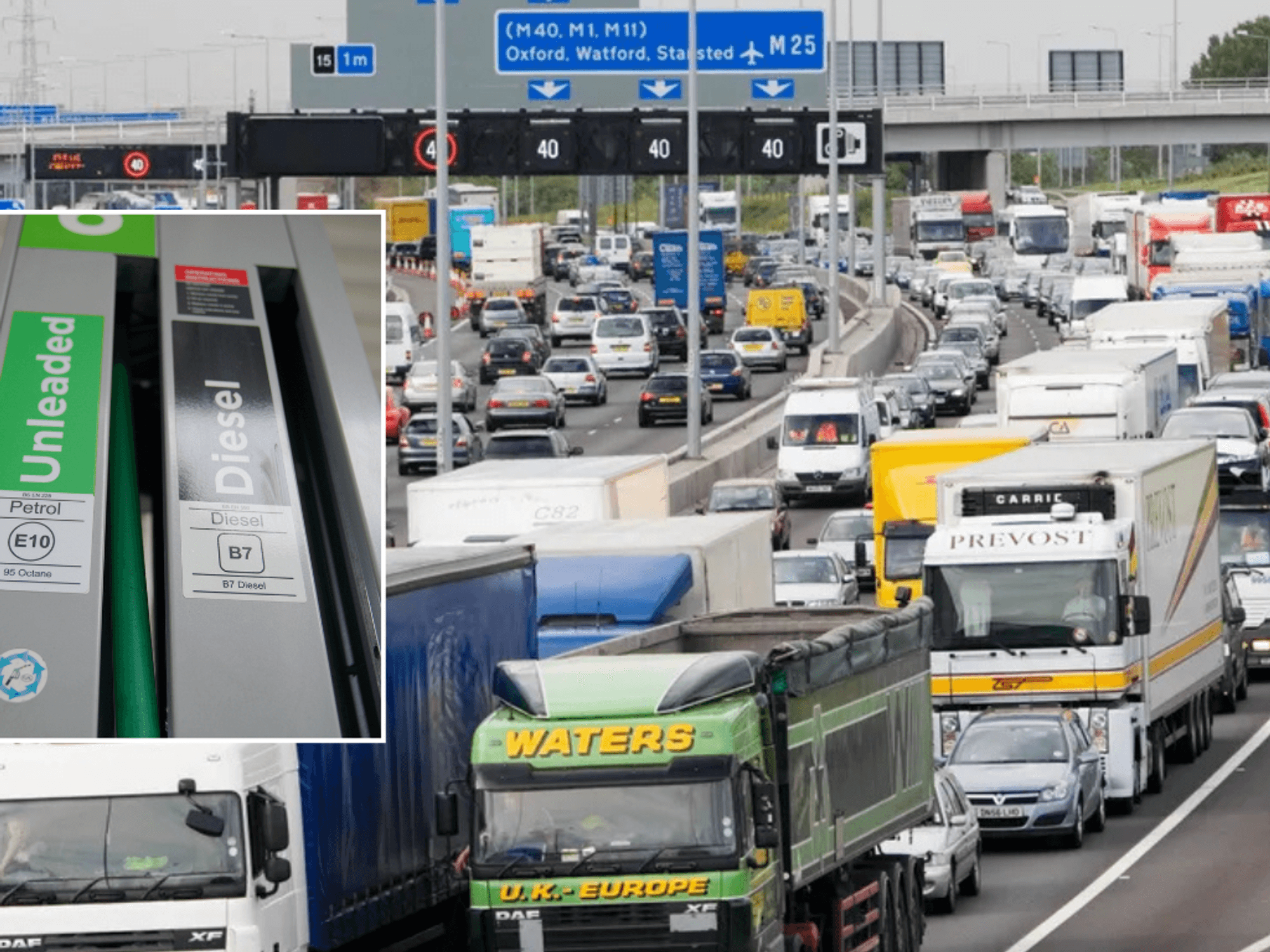 Fuel station and HGVs on road