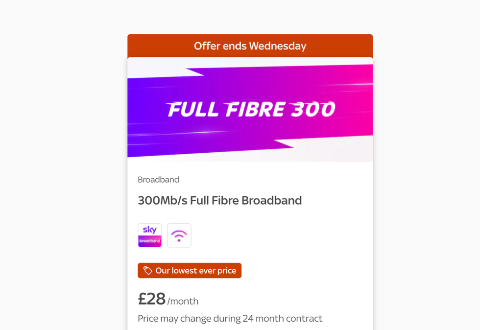 Full Fibre 300 discount shown on Sky Store sale page