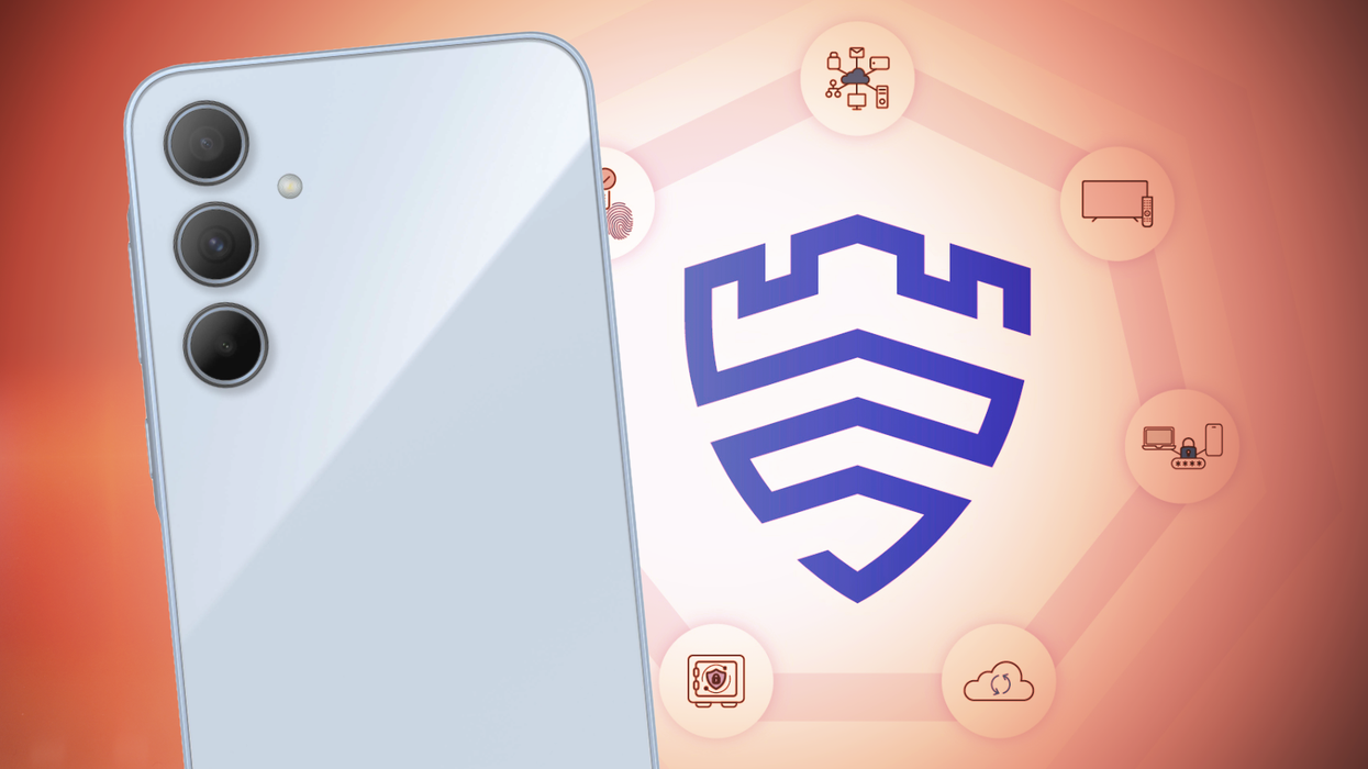 galaxy a-series phone pictured on the left-side of the image with the samsung knox logo on the right