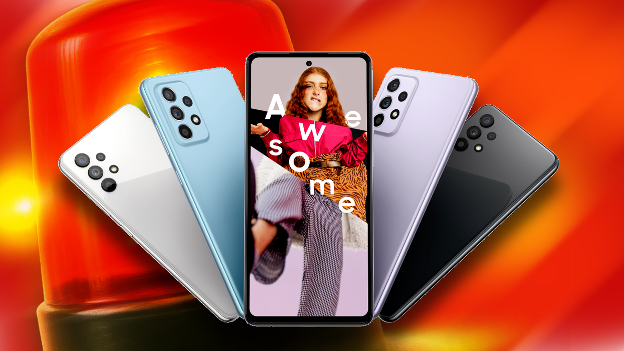 Galaxy A03 pictured in all colourways with a siren in the background