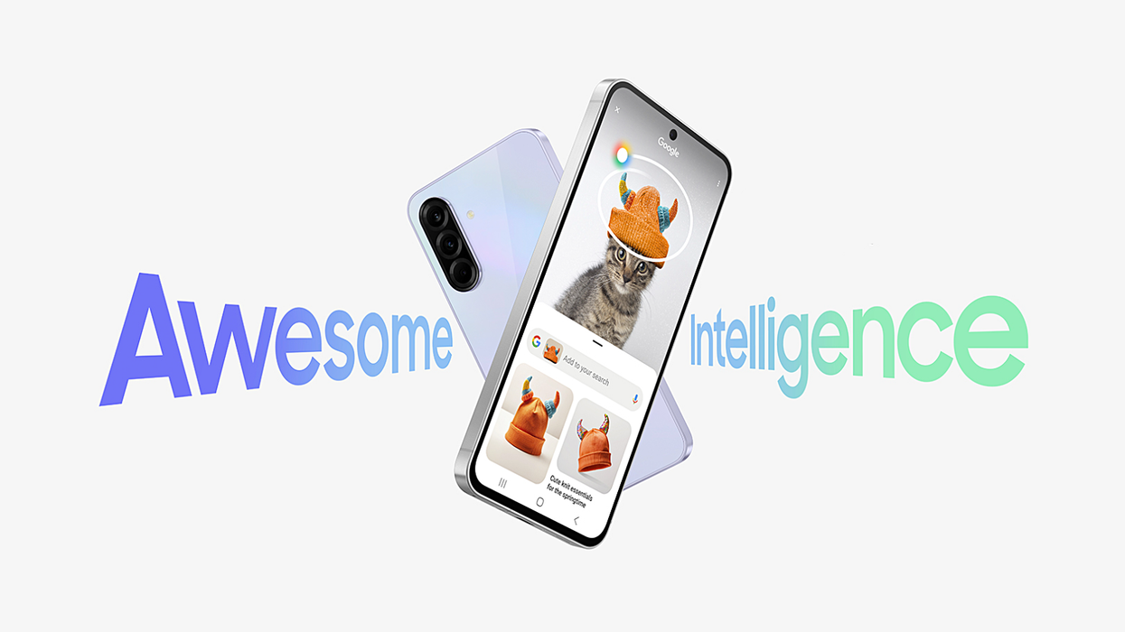 galaxy a56 and galaxy a36 in Awesome Lightgray with the tagline Awesome Intelligence in the background