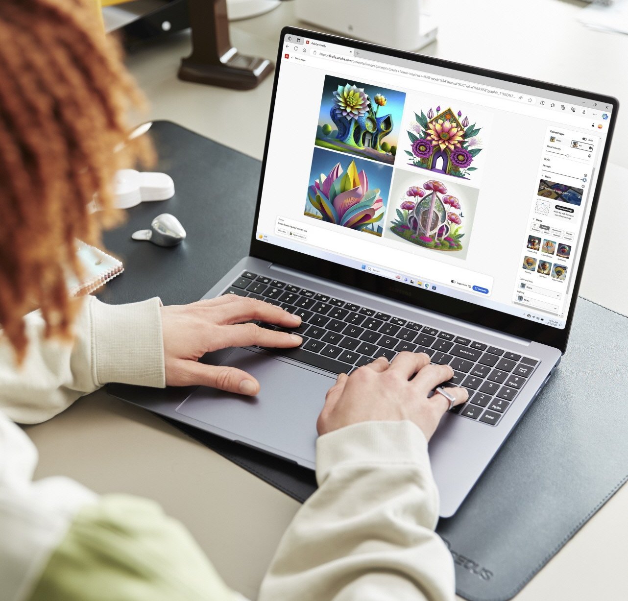 galaxy book 4 on a desk with a woman with ginger hair typing on the keyboard