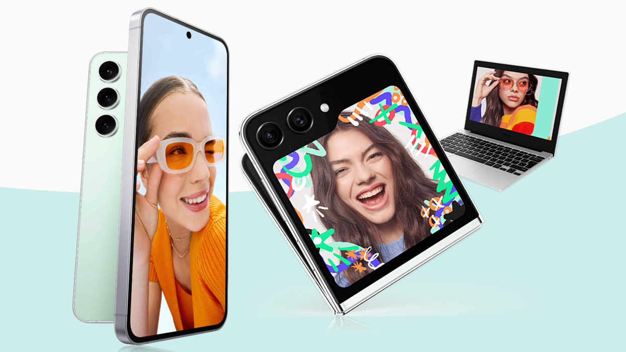 galaxy s24 fe and galaxy z flip 6 pictured on a green background with a Galaxy Chromebook Go laptop in the background