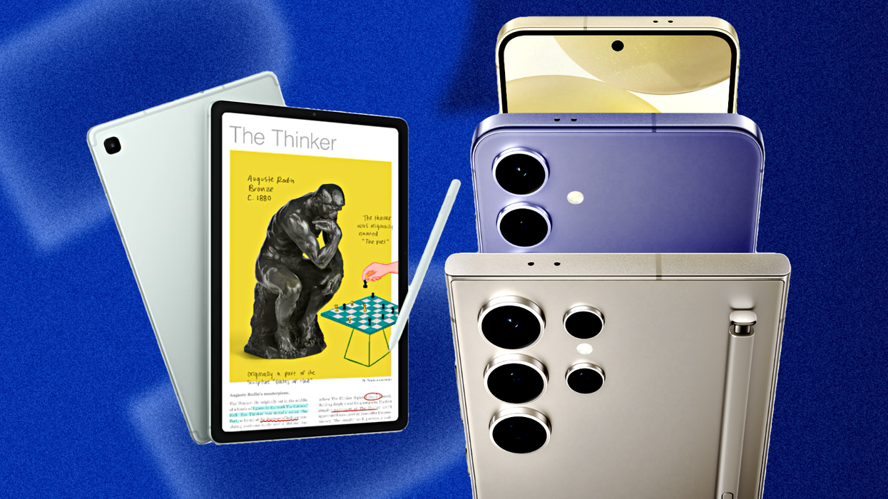 galaxy s24, galaxy s24 plus, and galaxy s24 ultra pictured stacked on the right side with a galaxy tab s6 lite on the left