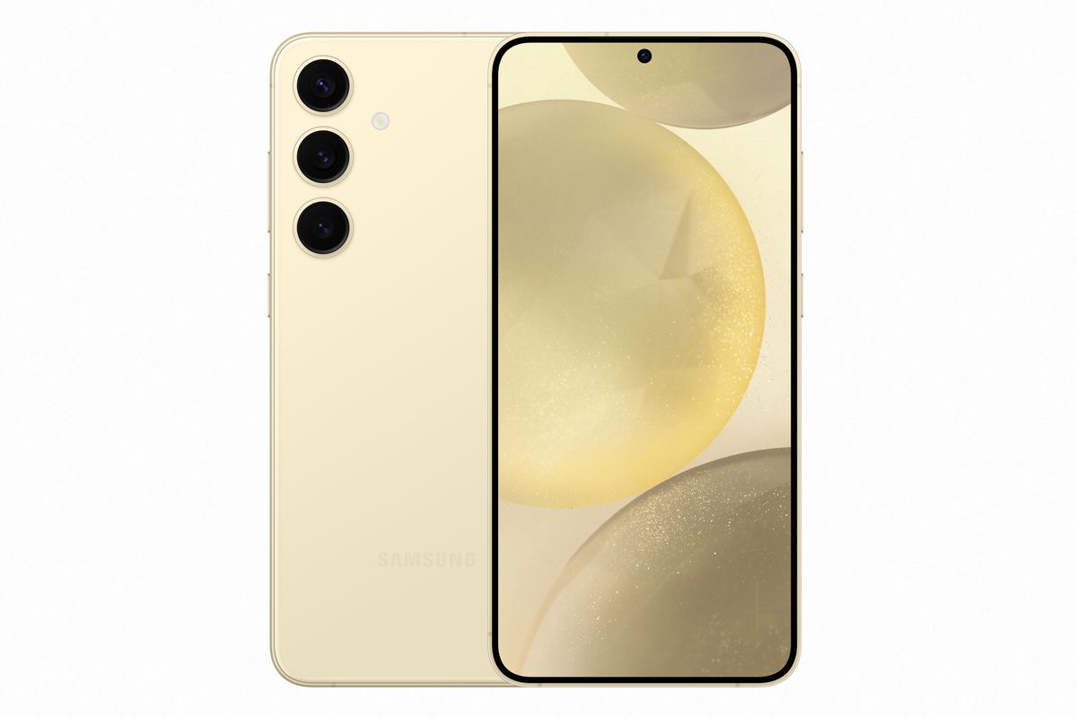 galaxy s24 in yellow pictured from both sides, showing the rear case and the edge-to-edge screen