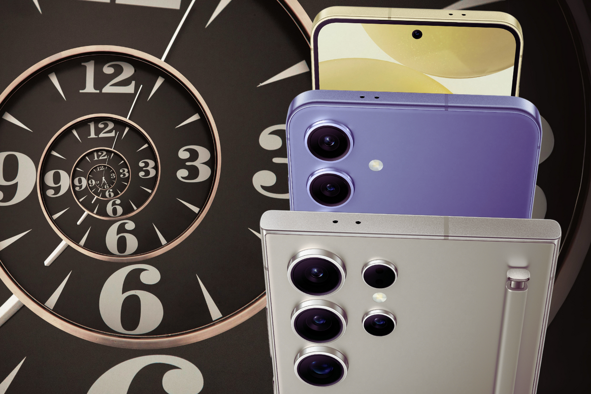 galaxy s24, s24 plus and galaxy s24 ultra pictured with a swirling clock face in the background  
