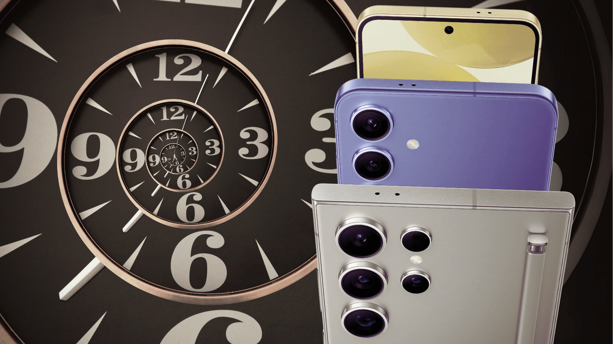 galaxy s24, s24 plus and galaxy s24 ultra pictured with a swirling clock face in the background
