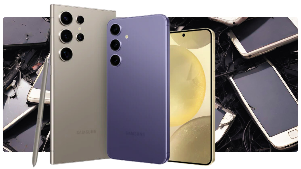 galaxy s24 ultra alongside the standard galaxy s24 and s24 plus with an image of a pile of broken phones in the background