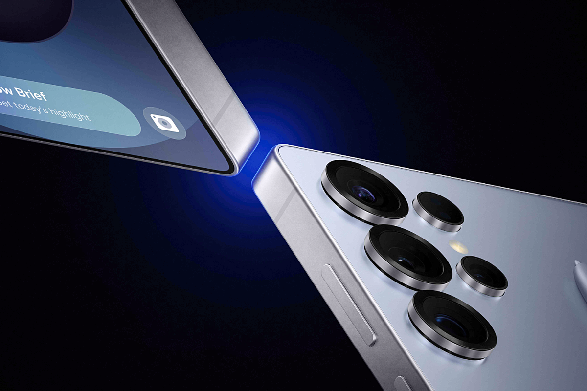 Galaxy S25 and Galaxy S25 Ultra with the S Pen stylus in blue with the new Now Brief banner on-show