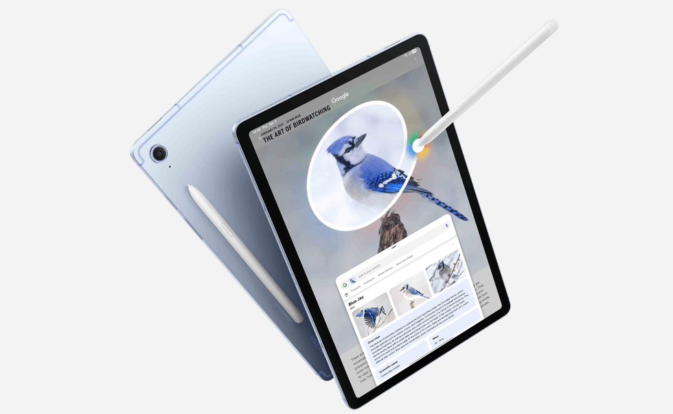 Galaxy Tab S10 FE tablet shown in the air with the S Pen stylus using Circle to Search with Google