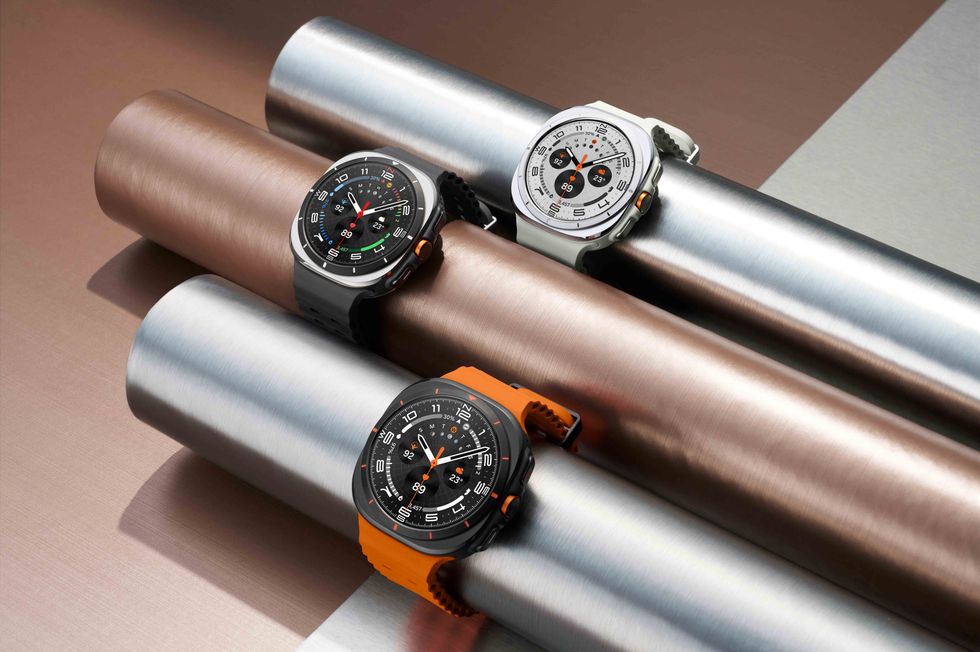 galaxy watch ultra in all three colours pictured wrapped around steel pipes