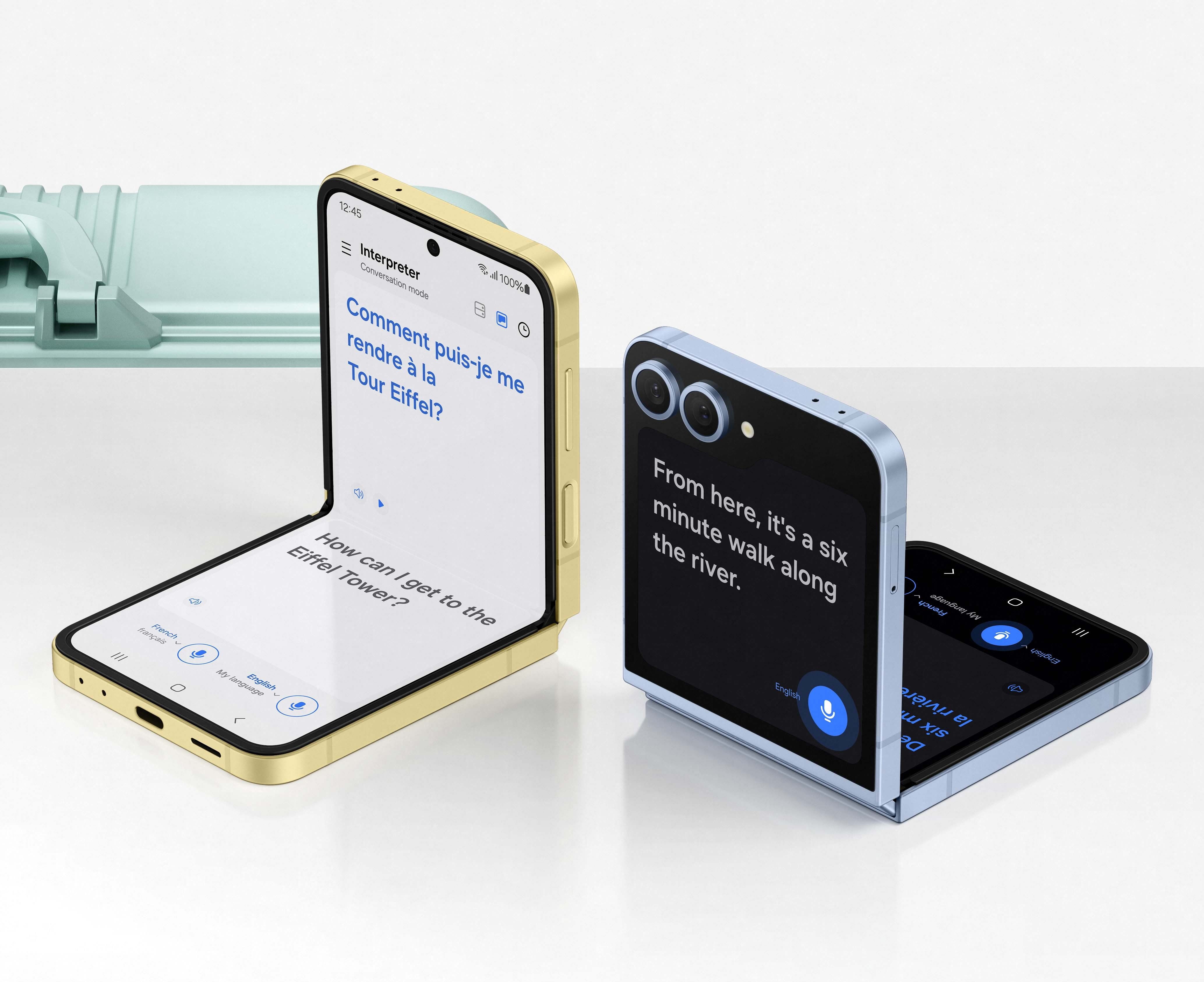 galaxy z flip 6 folded to demonstrate the new AI feature Interpreter Mode