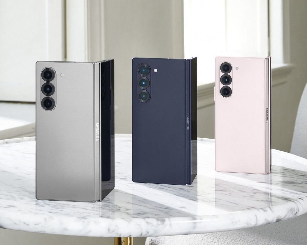 galaxy z fold 6 pictured side by side in Silver Shadow, Pink, and Navy