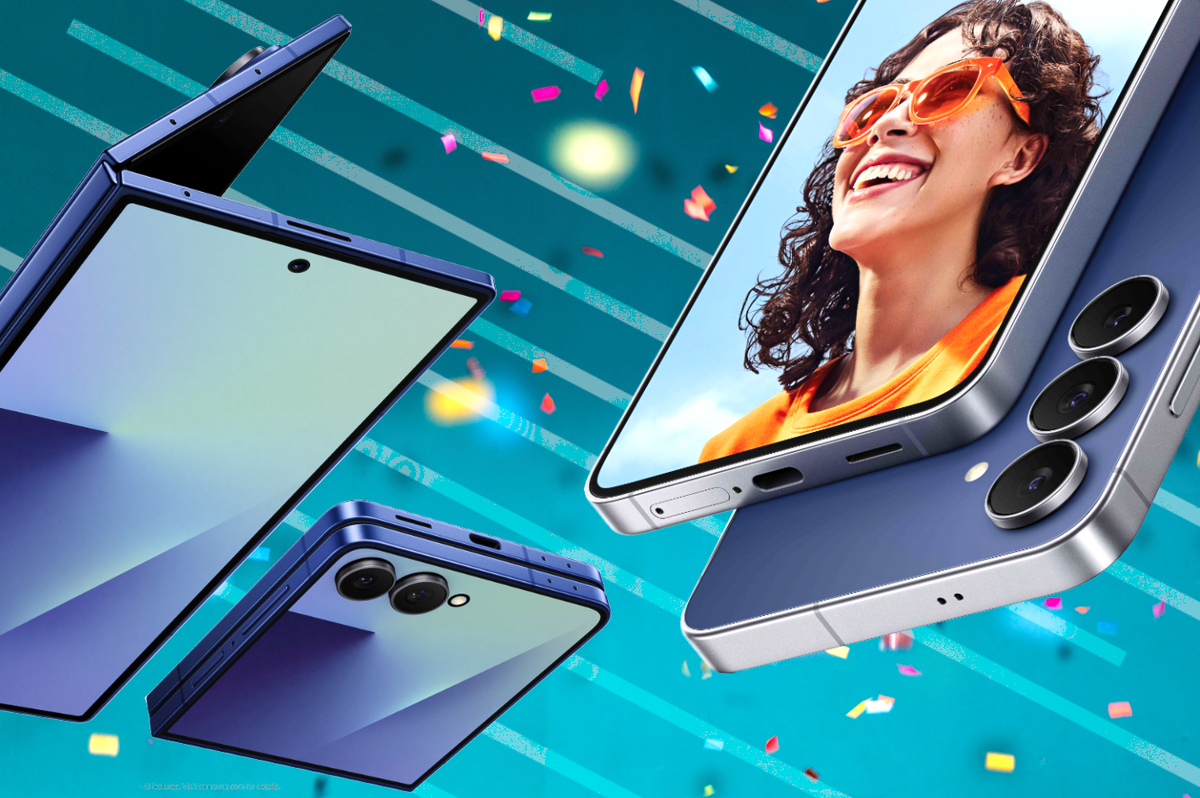 Galaxy Z Fold 7 and Galaxy Z Flip 7 pictured on the left of the photo, with the Galayx S25 FE on the right. All devices are shown in Blue, with a colourful background