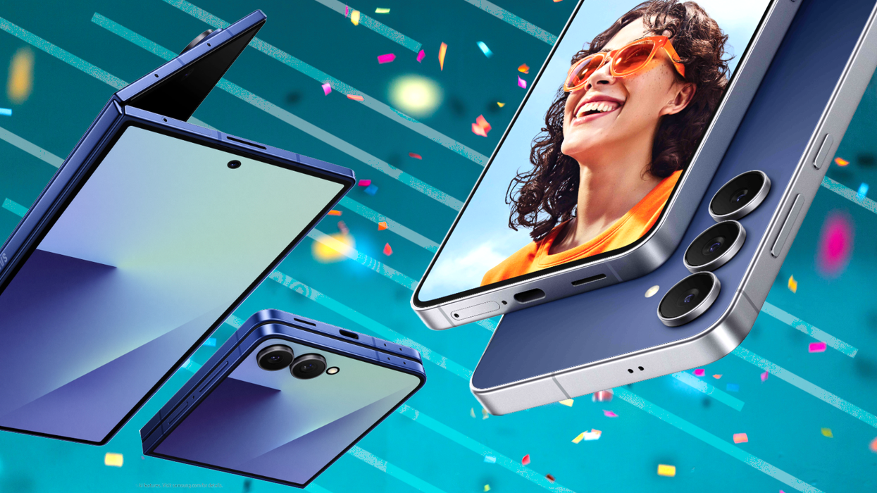 Galaxy Z Fold 7 and Galaxy Z Flip 7 pictured on the left of the photo, with the Galayx S25 FE on the right. All devices are shown in Blue, with a colourful background