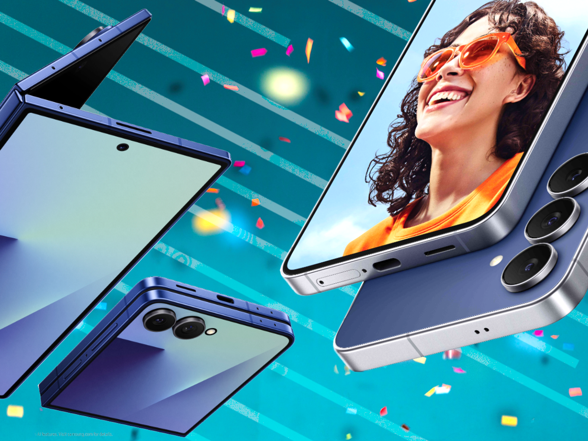 Galaxy Z Fold 7 and Galaxy Z Flip 7 pictured on the left of the photo, with the Galayx S25 FE on the right. All devices are shown in Blue, with a colourful background