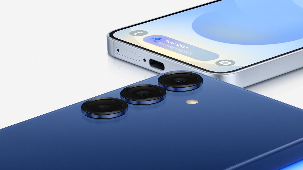 Galayx S25 lying on its side in blue with cameras and NOw Bar showing on-screen