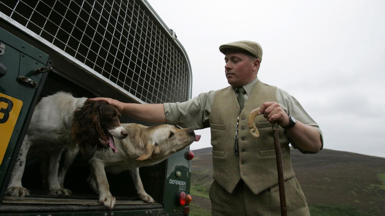 Gamekeeper Gavin Hannan with his dogs on the Grouse moor at the Glen Lethnot estate in the Angus Glens near Edzell