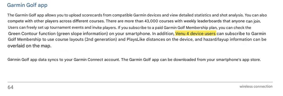 Garmin Venu 4 model listed in Garmin Golf app user manual