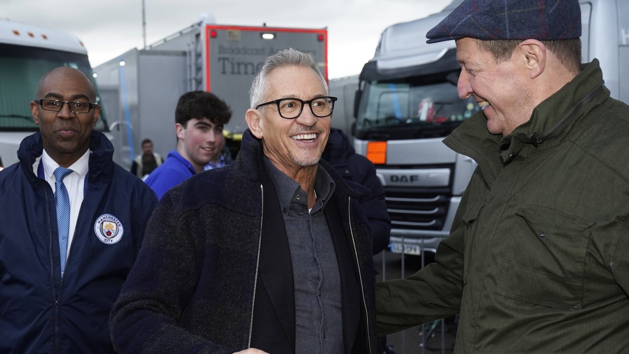 Gary Lineker (centre) with Alastair Campbell (right) at Manchester City's Etihad Stadium