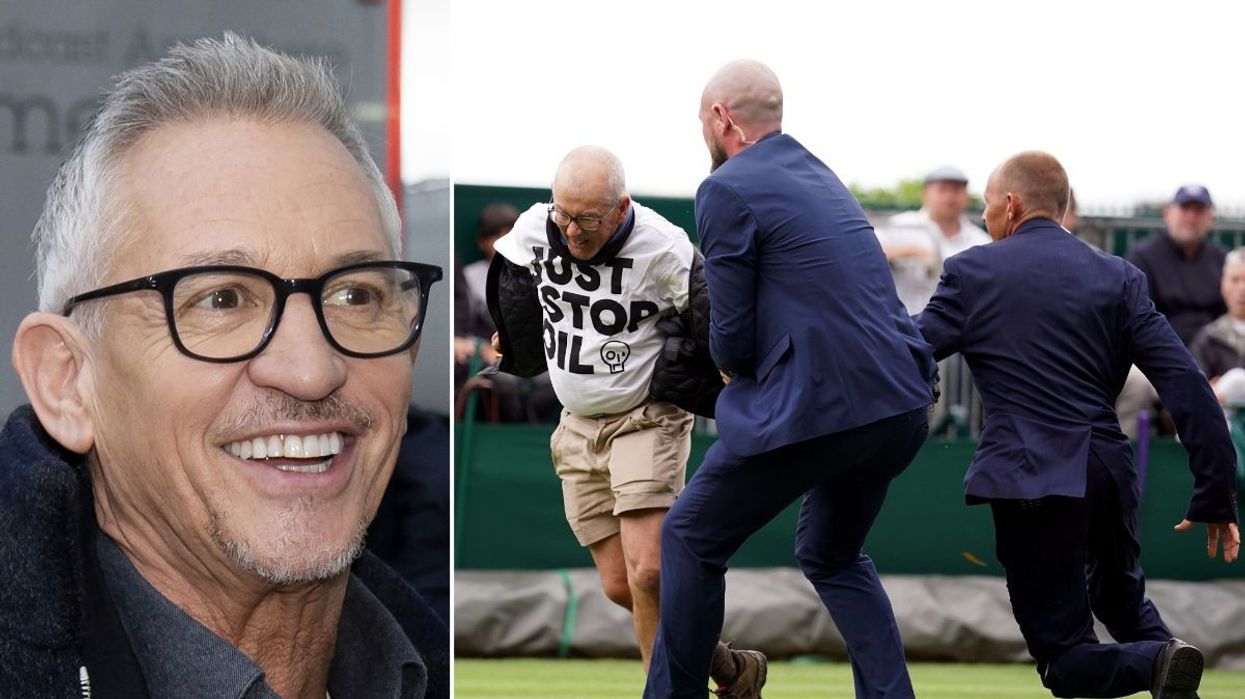 Gary Lineker (left) with an image from Just Stop Oil's recent protest