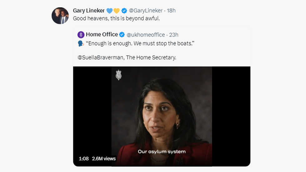 Gary Lineker tweeting "this is beyond awful" in response to the Home Office's plan to tackle the migrant crisis