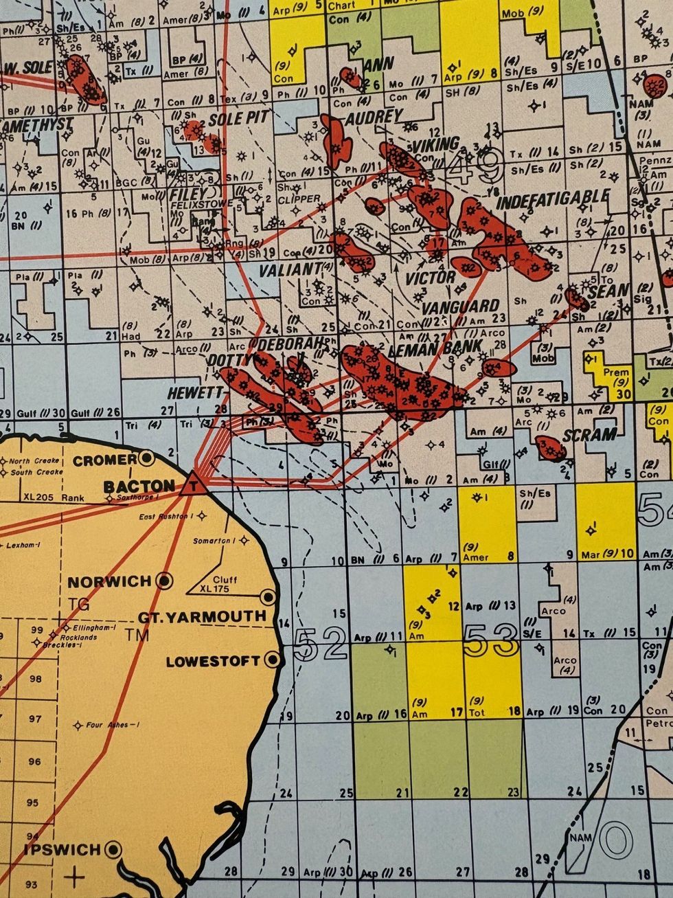 Gas fields, in red, to the north east of East Anglia
