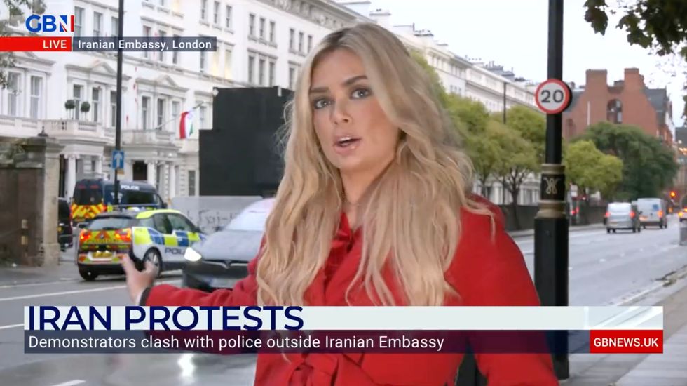 GB News' Ellie Costello reporting from the embassy on Monday morning