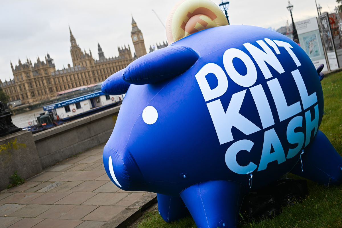 GB News' giant piggy bank outside Parliament for Don't Kill Cash campaign