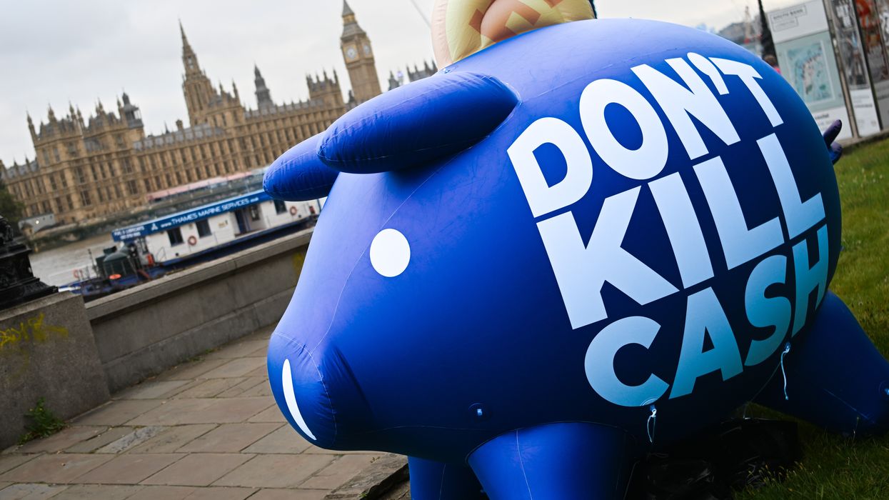 GB News' giant piggy bank outside Parliament for Don't Kill Cash campaign