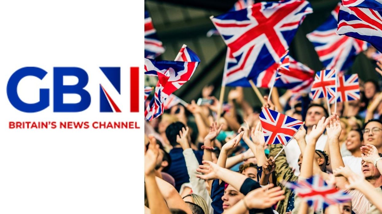 GB News logo and people waving Union Jack flags