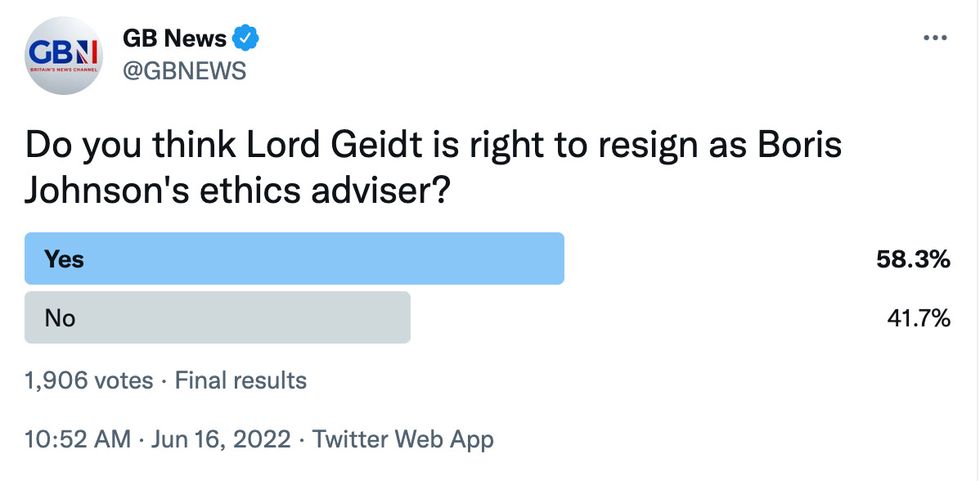 GB News poll on Lord Geidt's resignation